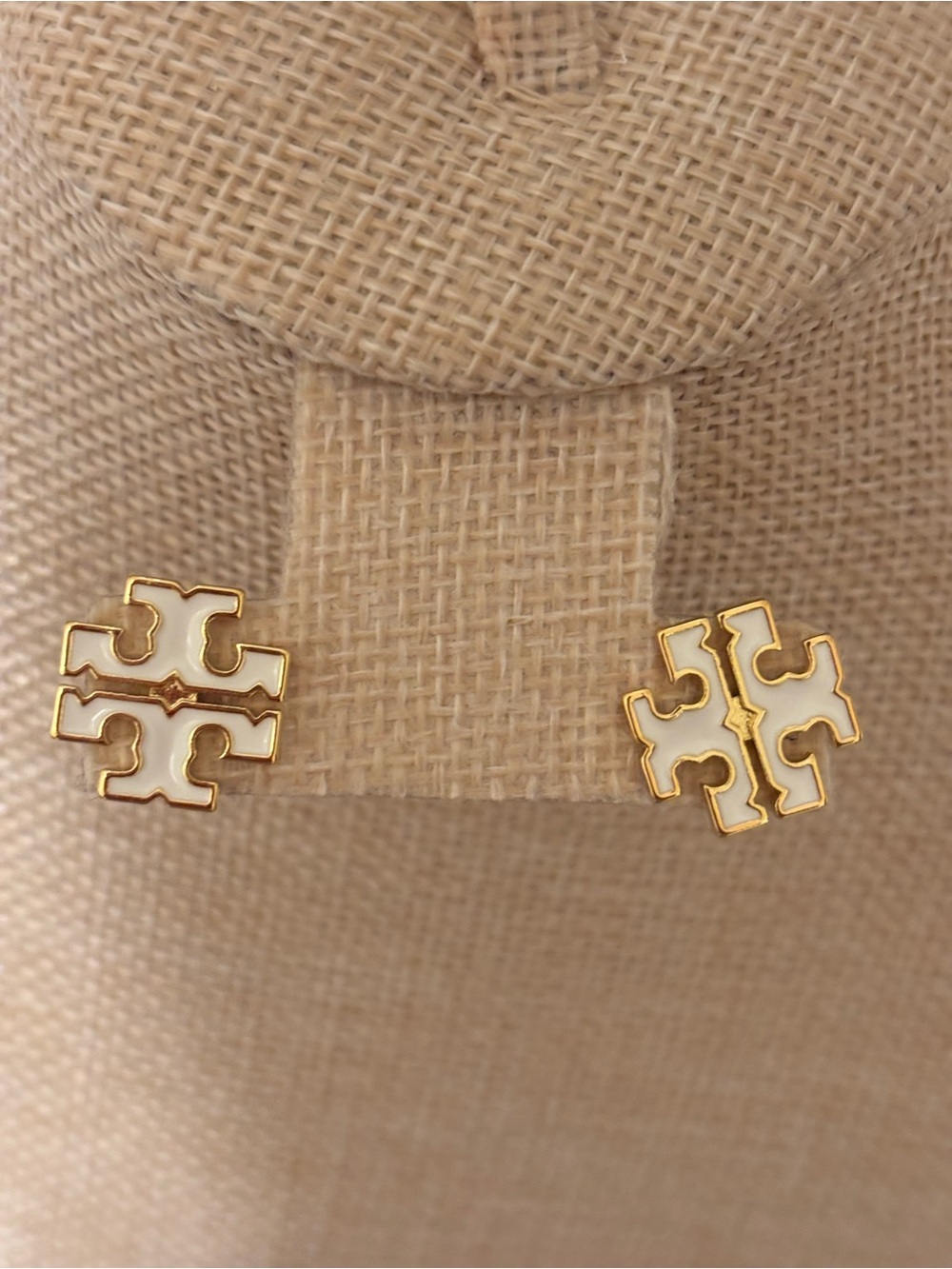 Tory Burch White Enamel Logo Stud Earrings with Gold Trim